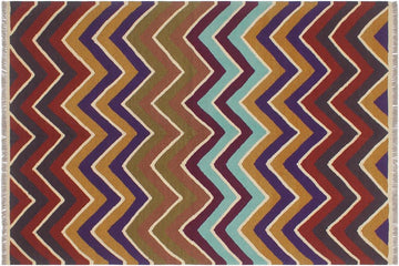 Flat Weave Kilim, Antique, Navaho, Vintage, Handmade, Modern Kilim Blue Beige Hand-Woven Rectangle 100% Wool Area Rug 5 x 7